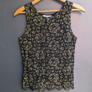 Vintage Mel-Lin Sleeveless Lace Top Sz M Black Gold Floral Glitter Sheer Y2K 80s